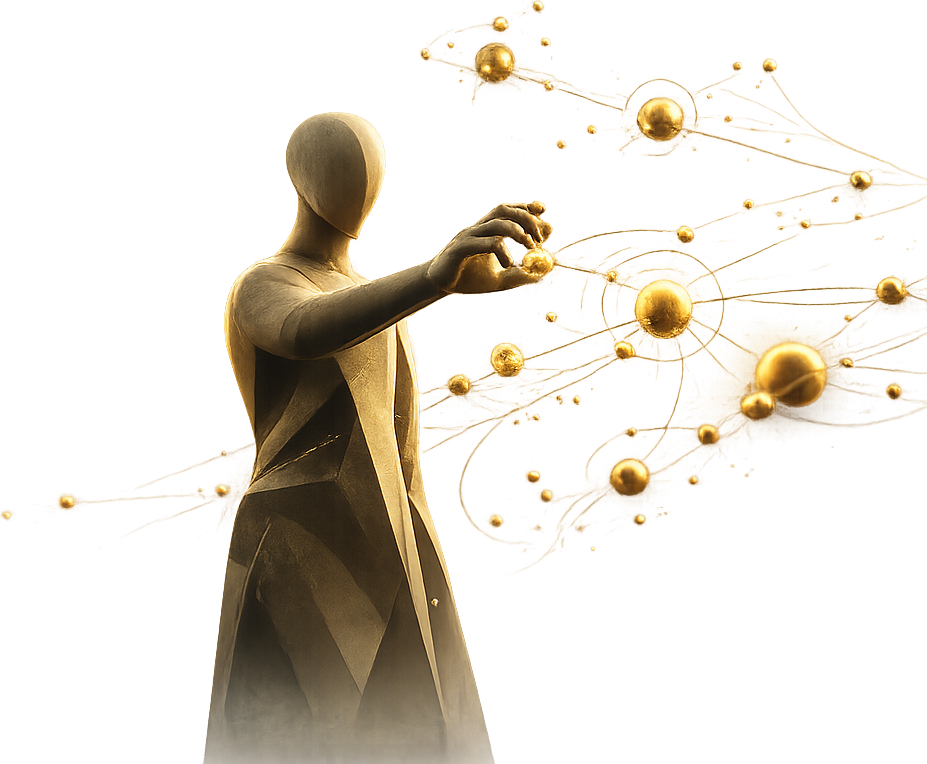 Eine Figur dirigiert ein vernetztes System aus goldenen Knotenpunkten, Sinnbild für geführte KI-Automation